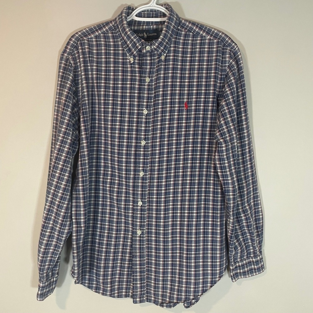 Ralph Lauren Mens Classic Fit Flannel Blue Plaid Cotton Button Down Shirt Large